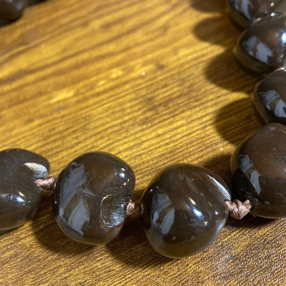 Vintage Hawaiian Kukui Nut Lei Necklace Polished Dark Brown Ribbon Tie 32in